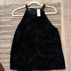 LOFT Black Floral Velvet Drapey Lace Lined Halter Blouse Size small NEW